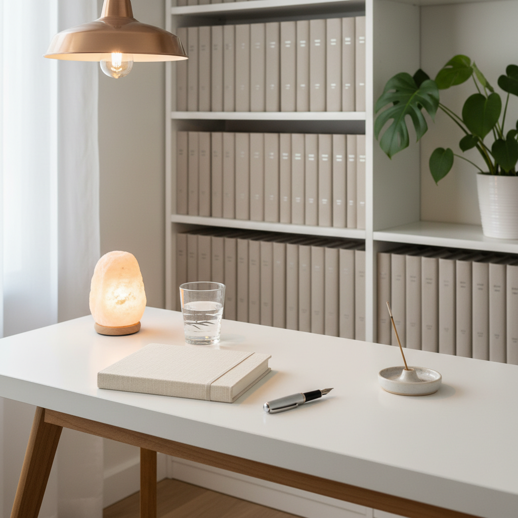 A tidy, professional home office corner dedicated to spiritual readings, with a minimalist white desk, a closed linen-covered journal, and a neatly placed fountain pen beside a small, glowing Himalayan salt lamp. A crystal-clear glass of water and a single pale lavender incense cone in a ceramic holder add subtle ritual details. The background features built-in bookshelves with neatly arranged neutral-toned books and a single leafy plant. Soft warm pendant lighting above mixes with faint natural light from an unseen window, creating a balanced, inviting glow. Photographic realism, composed with the desk in the lower third of the frame, conveying organization, clarity, and a grounded, modern mediumship practice.
